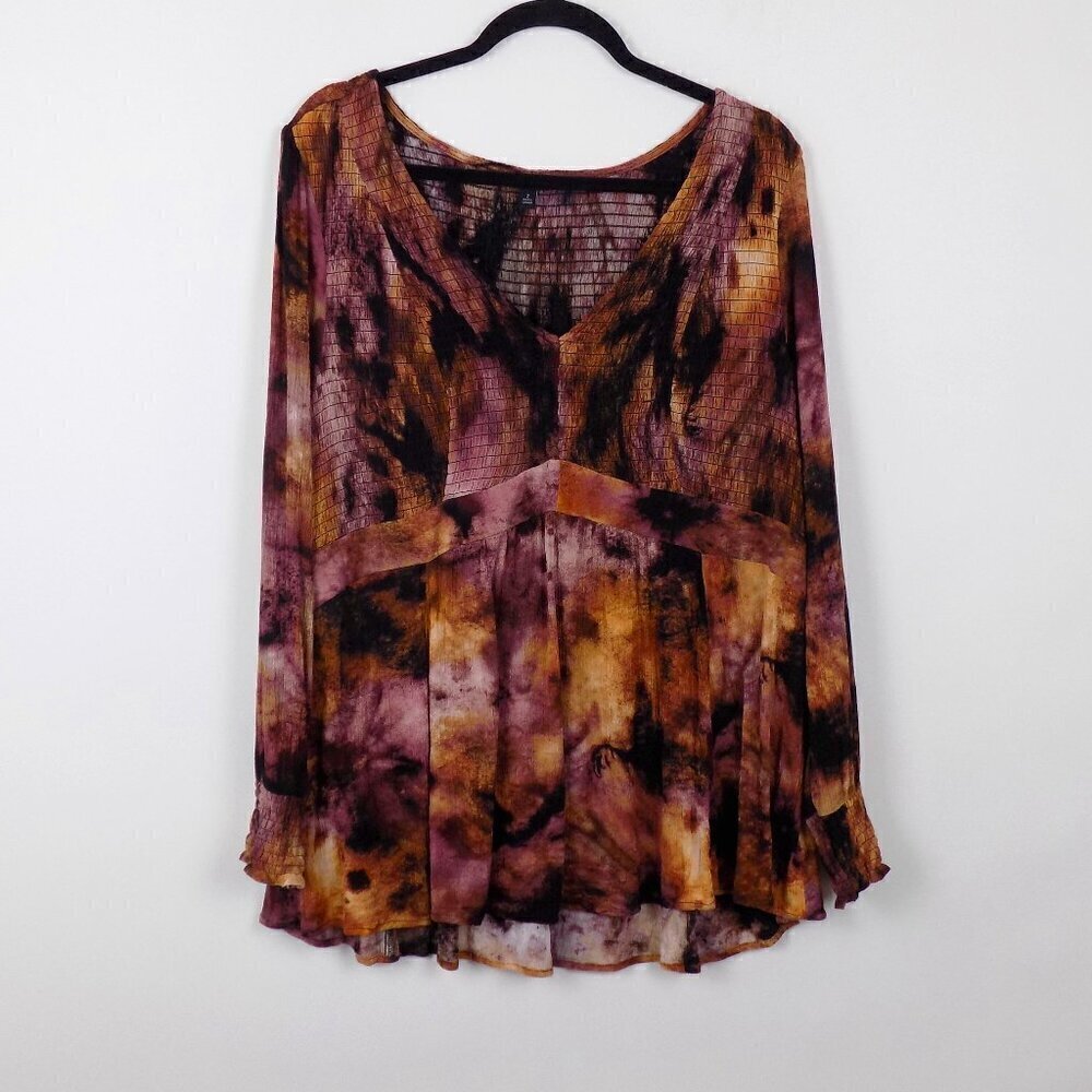 Torrid Babydoll Top Crinkle Gauze Smocked V-Neck Plus Size 2X Tie Dye